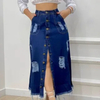 Moda Evangélica: Saia Jeans Longa Confortável, Cintura Alta com Botão - A