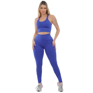 Top com Bojo e Legging Cintura Alta Conjunto Fitness 3D Suplex Academia Roupa Para Treinar Empina Bumbum - Azul Claro