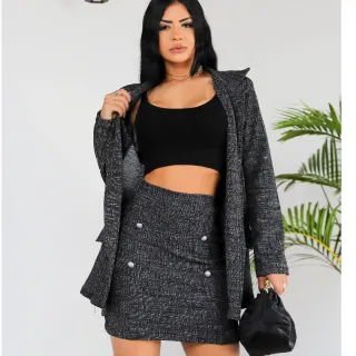 Saia Fashion Jacquard + Conjunto Blazer Feminino Malha - Preto