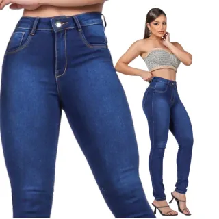 Promoção Calça Jeans Feminina Cintura Alta Empina Bumbum Com Lycra Elastano - Jeans escuro com puído