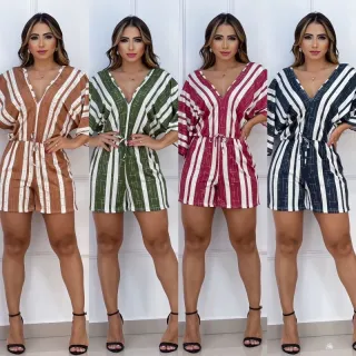 Moda Feminina Malha Romantic Macaquinho Casual Listrado Gola V Manga Flare - Bordo-branco