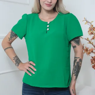 Blusa feminina manga curta com botões na frente - Tecido Duna - Verde musgo