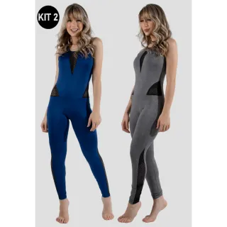 Tela Macacão Fitness Akira Kit 2 - Tamanhos P M G GG - AZUL MARINHO/PRETO