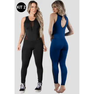 Tela Macacão Fitness Akira Kit 2 - Tamanhos P M G GG - AZUL MARINHO/PRETO
