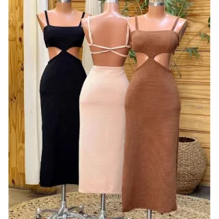 Fenda midi alcinha vestido com - Nude