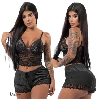 Baby Doll Feminino Lingerie Veludo Luxo Renda Sexy Short - Vinho