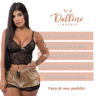 Baby Doll Feminino Lingerie Veludo Luxo Renda Sexy Short - Vinho