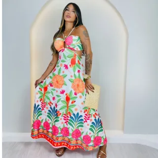 Estampado longo feminino vestido - Inspiração FAR|M 12 c/ bojo