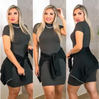 Compre Vestido Tubinho Midi Canelado Gola Alta com Manguinha - Estampa Pied de Poule em várias cores na loja online Raryel - Cinza