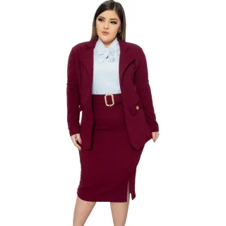 Moda Feminina Modesta Evangélica - Conjunto Blazer Crepe Bolso 2 Peças - Vinho