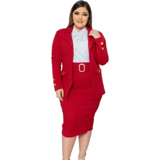 Moda Feminina Modesta Evangélica - Conjunto Blazer Crepe Bolso 2 Peças - Vinho