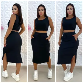 Tendência: Conjunto Saia Midi e Cropped, 2 Peças - Laranja