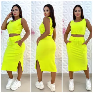 Tendência: Conjunto Saia Midi e Cropped, 2 Peças - Laranja
