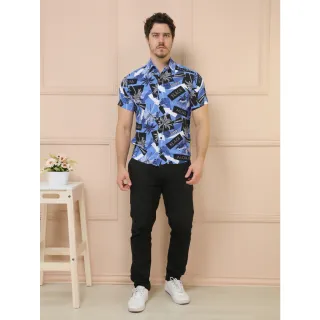Camisas Estampadas Masculinas Manga Curta Clássica - Azul