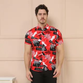 Camisas Estampadas Masculinas Manga Curta - Moda Casual Clássica - Vermelho
