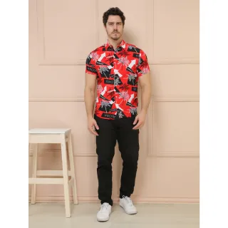 Camisas Estampadas Masculinas Manga Curta - Moda Casual Clássica - Vermelho