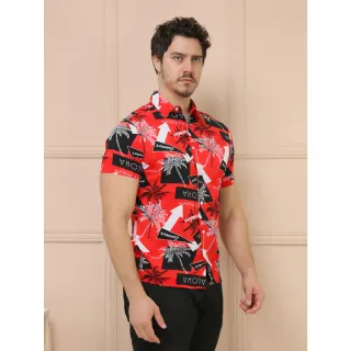 Camisas Estampadas Masculinas Manga Curta - Moda Casual Clássica - Vermelho