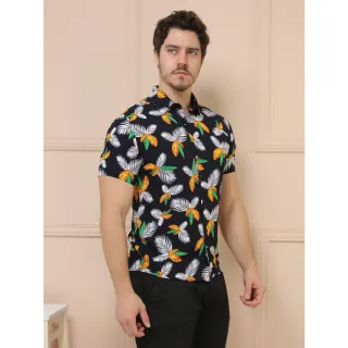 Camisas Estampadas Manga Curta Clássica Masculina - Preto