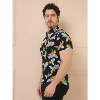 Camisas Estampadas Manga Curta Clássica Masculina - Preto