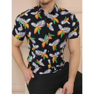 Camisas Estampadas Manga Curta Clássica Masculina - Preto