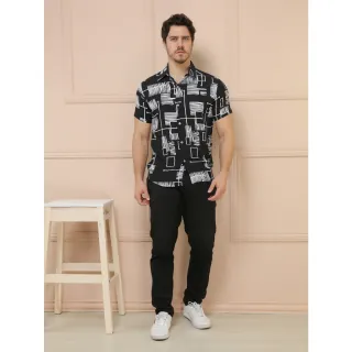 Camisa Solta Clássica Estampada Manga Curta para Homens, Raryel - Preto e Branco