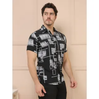 Camisa Solta Clássica Estampada Manga Curta para Homens, Raryel - Preto e Branco