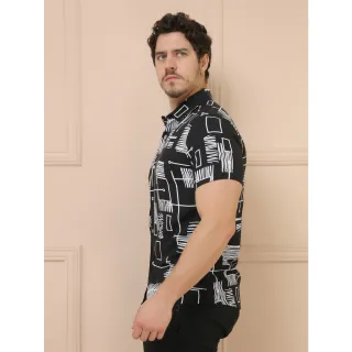 Camisa Solta Clássica Estampada Manga Curta para Homens, Raryel - Preto e Branco
