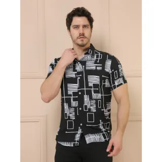 Camisa Solta Clássica Estampada Manga Curta para Homens, Raryel - Preto e Branco