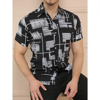 Camisa Solta Clássica Estampada Manga Curta para Homens, Raryel - Preto e Branco