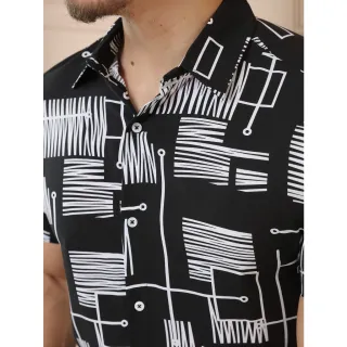 Camisa Solta Clássica Estampada Manga Curta para Homens, Raryel - Preto e Branco