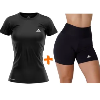 Camisa Dry Fit + Short Fitness Suplex: Kit Feminino Esportivo - Camisa + Short Preto ADIDAS