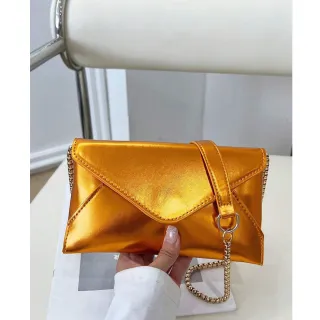 Bolsa de Festa Metalizada Feminina Envelope com Alça de Corrente - tamanho maior prata