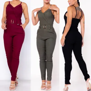 Jardineira Macacão Feminino Social Alcinha com Cinto e Bolsos - Pink