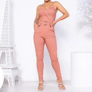 Jardineira Macacão Feminino Social Alcinha com Cinto e Bolsos - Pink