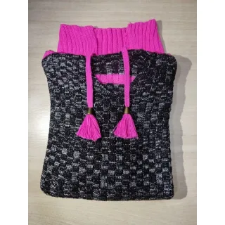 Promoção: Suéter Tricô Inverno Manga Longa Blusa Trico com Capuz Feminina - Pink/Azul Claro