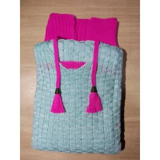 Promoção: Suéter Tricô Inverno Manga Longa Blusa Trico com Capuz Feminina - Pink/Azul Claro