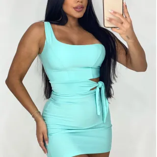 Festa Vestido Tubinho Feminino Colado Alça Mula Manca Curto Amarração - Verde água