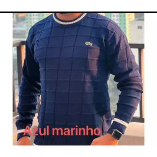 Suéter manga longa masculina com detalhes na gola e mangas - Azul marinho/c cinza