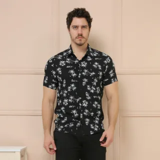 Camisas Estampadas Manga Curta Clássica - Moda Casual Masculina - Preto