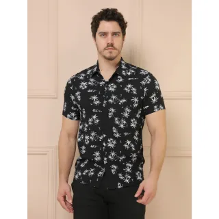 Camisas Estampadas Manga Curta Clássica - Moda Casual Masculina - Preto