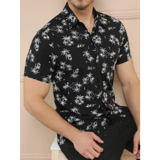 Camisas Estampadas Manga Curta Clássica - Moda Casual Masculina - Preto