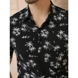 Camisas Estampadas Manga Curta Clássica - Moda Casual Masculina - Preto