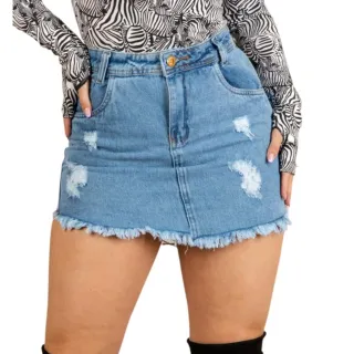 Moda feminina: Saia jeans mini curta desfiada com bolso - Lançamento 2022 - SA105