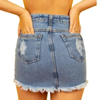 Moda feminina: Saia jeans mini curta desfiada com bolso - Lançamento 2022 - SA105