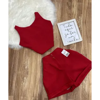 Conjunto Cropped Fenda e Short Social Linho - Coleção Verão Cores - Laranja