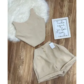 Conjunto Cropped Fenda e Short Social Linho - Coleção Verão Cores - Laranja