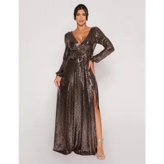 Madrinhas casamento, vestido longo festa paetê manga longa amarração cintura - Preto com Prata