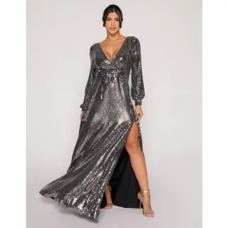 Madrinhas casamento, vestido longo festa paetê manga longa amarração cintura - Preto com Prata