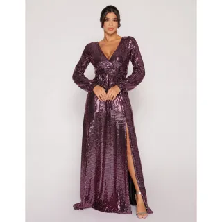 Madrinhas casamento, vestido longo festa paetê manga longa amarração cintura - Preto com Prata