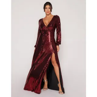 Madrinhas casamento, vestido longo festa paetê manga longa amarração cintura - Preto com Prata